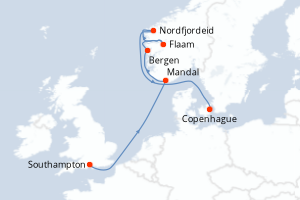 Carte de l'itinéraire de croisière Southampton-Copenhague d'une durée de 7 jours