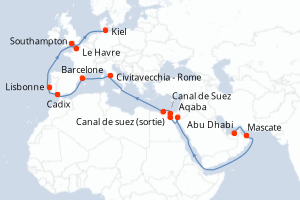 Carte de l'itinéraire de croisière Abu Dhabi-Kiel d'une durée de 26 jours
