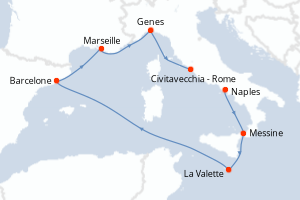 Carte de l'itinéraire de croisière Naples-Civitavecchia - Rome d'une durée de 7 jours