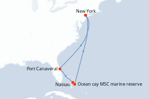 Carte de l'itinéraire de croisière New York-New York d'une durée de 7 jours