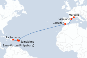 Carte de l'itinéraire de croisière Marseille-La Romana d'une durée de 15 jours