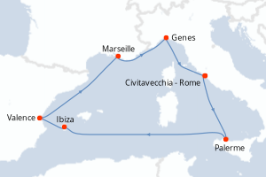 Carte de l'itinéraire de croisière Civitavecchia - Rome-Civitavecchia - Rome d'une durée de 7 jours
