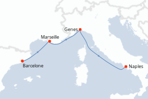 Carte de l'itinéraire de croisière Barcelone-Naples d'une durée de 3 jours
