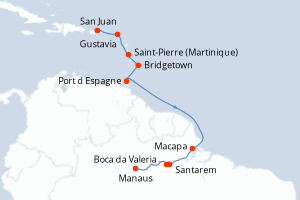 Carte de l'itinéraire de croisière San Juan-Manaus d'une durée de 12 jours