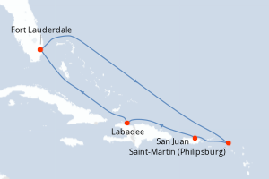 Carte de l'itinéraire de croisière Fort Lauderdale-Fort Lauderdale d'une durée de 7 jours