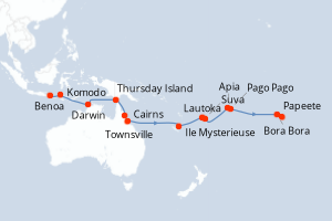 Carte de l'itinéraire de croisière Benoa-Papeete d'une durée de 25 jours