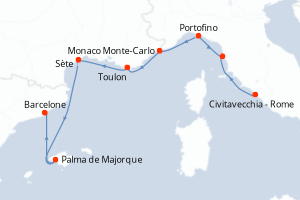 Carte de l'itinéraire de croisière Civitavecchia - Rome-Barcelone d'une durée de 7 jours
