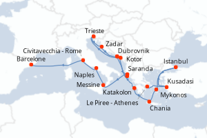 Carte de l'itinéraire de croisière Le Piree - Athenes-Barcelone d'une durée de 21 jours