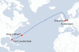 Carte de l'itinéraire de croisière Fort Lauderdale-Rotterdam d'une durée de 13 jours