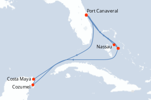 Carte de l'itinéraire de croisière Port Canaveral-Port Canaveral d'une durée de 11 jours