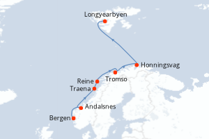 Carte de l'itinéraire de croisière Bergen-Longyearbyen d'une durée de 12 jours