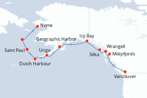 Carte de l'itinéraire de croisière Vancouver-Nome d'une durée de 18 jours