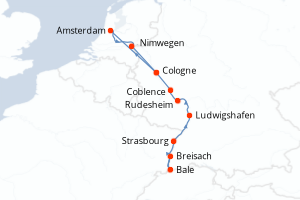 Carte de l'itinéraire de croisière Breisach-Cologne d'une durée de 7 jours