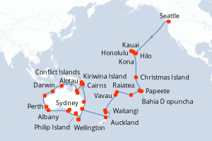 Carte de l'itinéraire de croisière Seattle-Sydney d'une durée de 69 jours