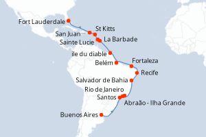 Carte de l'itinéraire de croisière Buenos Aires-Fort Lauderdale d'une durée de 29 jours