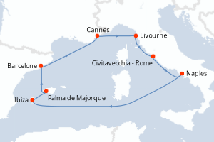Carte de l'itinéraire de croisière Barcelone-Barcelone d'une durée de 9 jours
