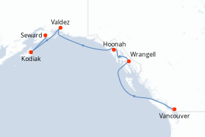 Carte de l'itinéraire de croisière Vancouver-Seward d'une durée de 7 jours