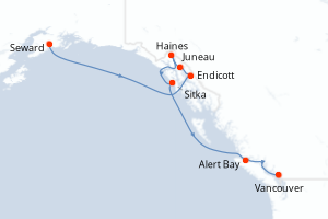Carte de l'itinéraire de croisière Seward-Vancouver d'une durée de 7 jours