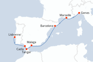 Carte de l'itinéraire de croisière Genes-Lisbonne d'une durée de 8 jours