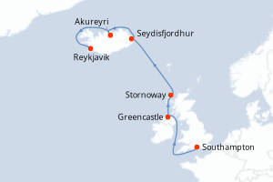 Carte itinéraire croisière Royaume-Uni, Irlande, Islande - 8 jours au départ de Southampton - Europe du Nord