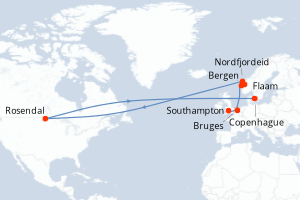Carte itinéraire croisière Royaume-Uni, Belgique, Norvège, Danemark - 8 jours au départ de Southampton - Europe du Nord