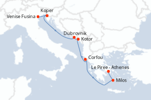Carte de l'itinéraire de croisière Venise Fusina-Le Piree - Athenes d'une durée de 7 jours