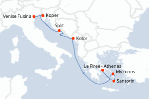 Carte de l'itinéraire de croisière Venise Fusina-Le Piree - Athenes d'une durée de 7 jours
