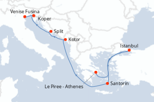 Carte de l'itinéraire de croisière Le Piree - Athenes-Venise Fusina d'une durée de 9 jours