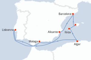 Carte de l'itinéraire de croisière Barcelone-Barcelone d'une durée de 10 jours
