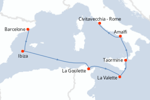 Carte de l'itinéraire de croisière Barcelone-Civitavecchia - Rome d'une durée de 7 jours