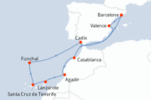 Carte itinéraire croisière Espagne, Maroc, Portugal - 11 jours au départ de Barcelone - Méditerranée