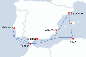 Carte de l'itinéraire de croisière Barcelone-Barcelone d'une durée de 10 jours