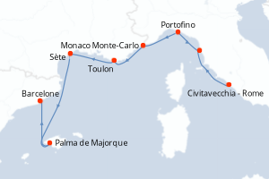 Carte de l'itinéraire de croisière Civitavecchia - Rome-Barcelone d'une durée de 7 jours
