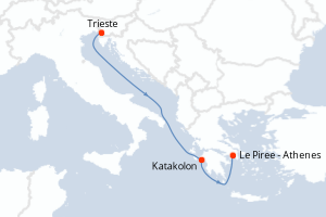 Carte de l'itinéraire de croisière Trieste-Le Piree - Athenes d'une durée de 3 jours
