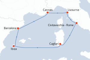 Carte de l'itinéraire de croisière Barcelone-Barcelone d'une durée de 7 jours