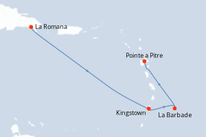 Carte de l'itinéraire de croisière La Romana-Pointe a Pitre d'une durée de 4 jours
