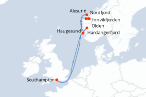 Carte itinéraire croisière Norvège, Royaume-Uni - 7 jours au départ de Southampton - Europe du Nord
