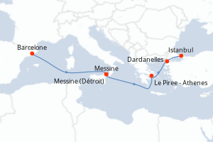 Carte de l'itinéraire de croisière Barcelone-Istanbul d'une durée de 7 jours