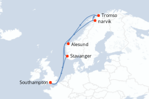 Carte de l'itinéraire de croisière Southampton-Southampton d'une durée de 12 jours
