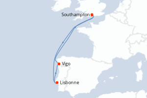 Carte de l'itinéraire de croisière Southampton-Southampton d'une durée de 7 jours