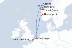 Carte de l'itinéraire de croisière Southampton-Southampton d'une durée de 7 jours