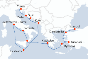 Carte de l'itinéraire de croisière Istanbul-Trieste d'une durée de 14 jours
