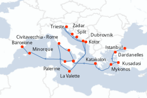 Carte de l'itinéraire de croisière Istanbul-Barcelone d'une durée de 21 jours