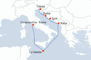 Carte de l'itinéraire de croisière Civitavecchia - Rome-Trieste d'une durée de 7 jours