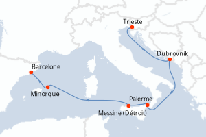 Carte de l'itinéraire de croisière Trieste-Barcelone d'une durée de 7 jours