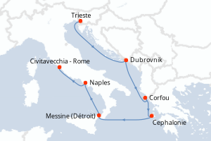 Carte de l'itinéraire de croisière Trieste-Civitavecchia - Rome d'une durée de 7 jours