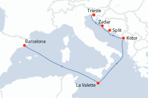 Carte de l'itinéraire de croisière Barcelone-Trieste d'une durée de 7 jours