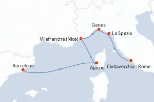 Carte de l'itinéraire de croisière Civitavecchia - Rome-Barcelone d'une durée de 7 jours