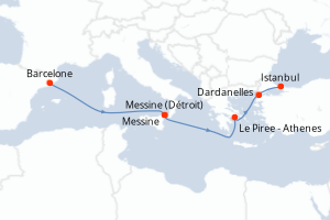 Carte de l'itinéraire de croisière Barcelone-Istanbul d'une durée de 7 jours