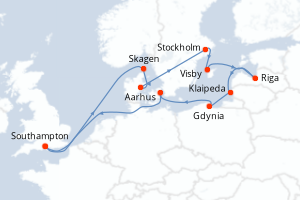 Carte de l'itinéraire de croisière Southampton-Southampton d'une durée de 16 jours